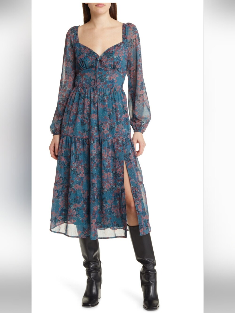 PAIGE JOSEFINA FLORAL LONG SLEEVE MIDI DRESS IN DARK TEAL MULTI /SIZE:SMALL